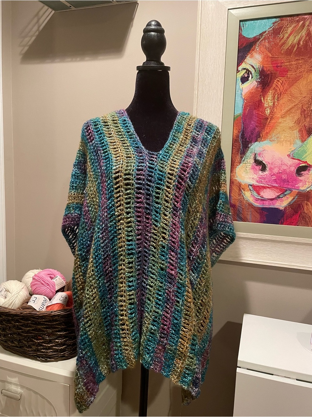 Multicolor Open-Knit V-Neck Poncho Sweater